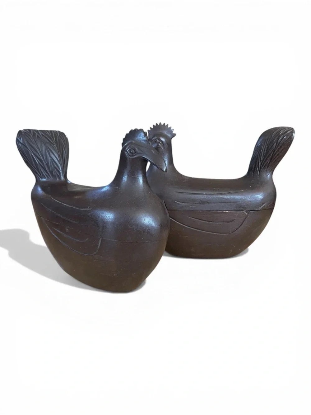 Pair of hand carved wooden chicken boxes, vintage 1970’s